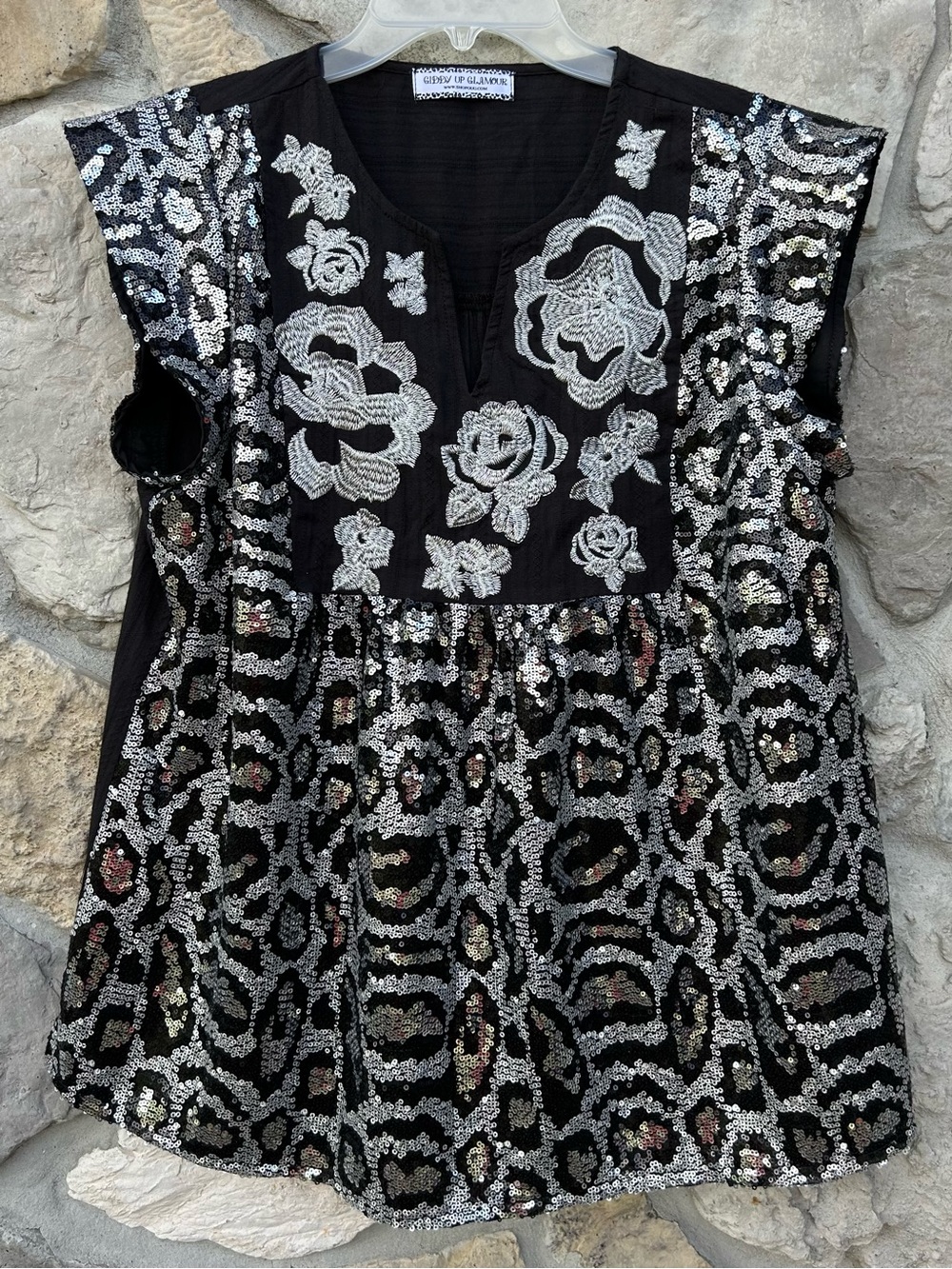 Giddy Up Glamour Boho Sequin Babydoll Top Size M Embroidered Western Festival